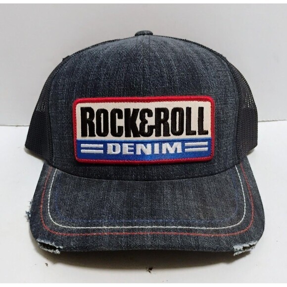 THE CLASSICS BY YUPOONG ROCK & ROLL DENIM DISTRESSED SNAPBACK TRUCKER CAP HAT - Picture 1 of 8